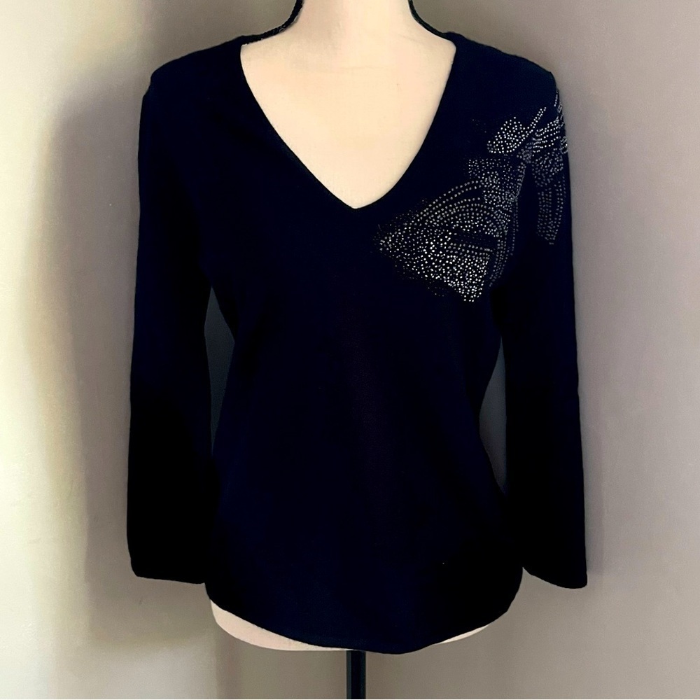 TSE | Black VNeck  Rhinestone  Embellished Cashmere Sweater | Large